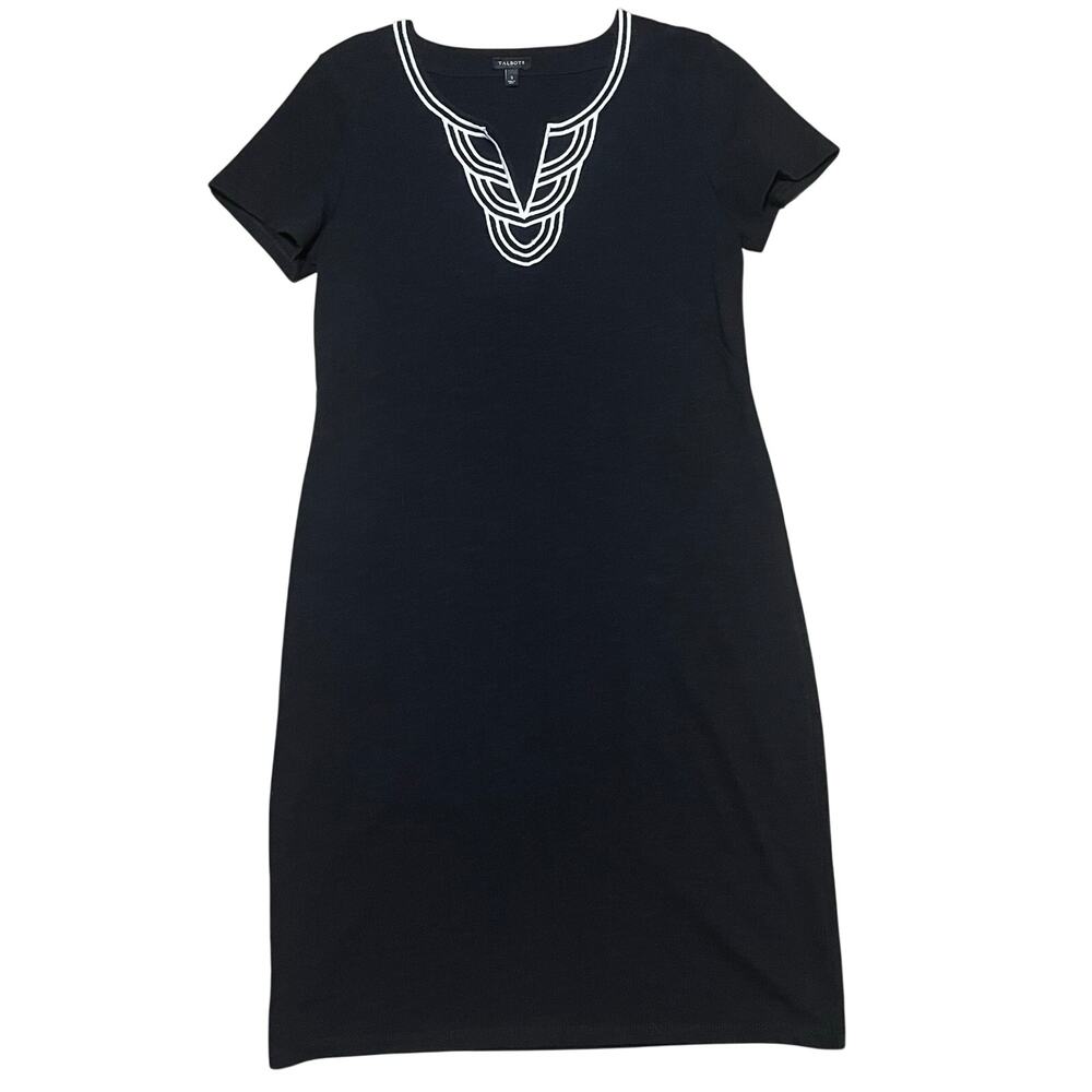NWOT Talbots Womens Black White Embroidered Cotton Knit Shift Dress Small City